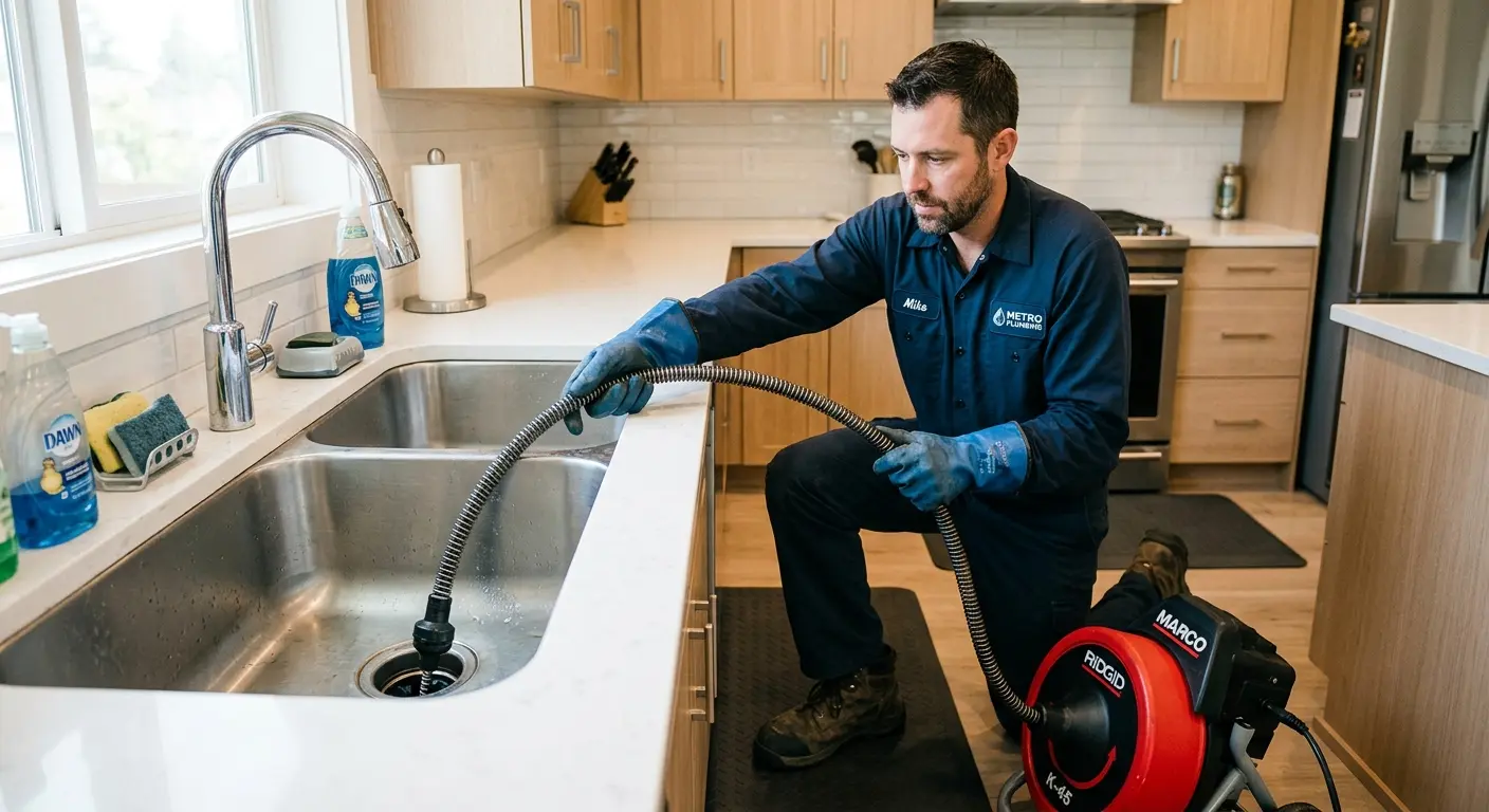 Drain cleaning technician using a motorized snake on a kitchen sink in Liberty Triangle