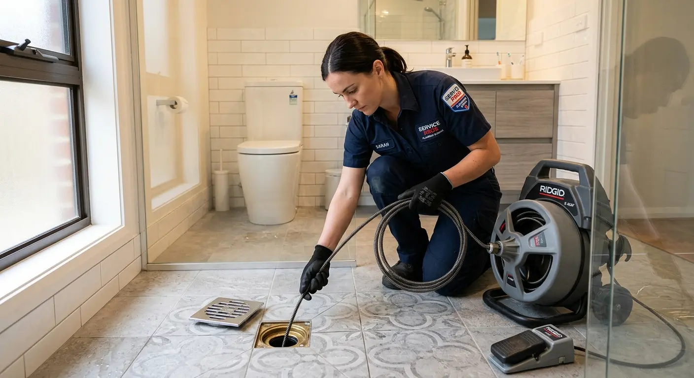 Technician clearing a bathroom floor drain for Hydro Jetting in Liberty Triangle